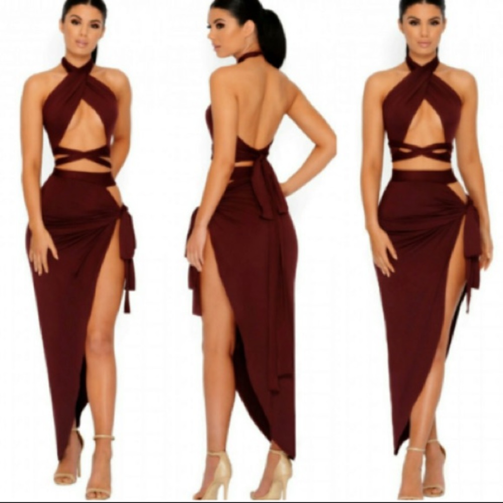 Wrap Top & Matching Skirt - Wine/Burgundy